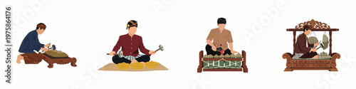 Set of illustrations depicting men in traditional Javanese attire playing various Indonesian gamelan musical instruments like gongs and metallophones on a white background.
