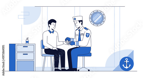 Doctor examining patient's arm in medical clinic, nautical theme