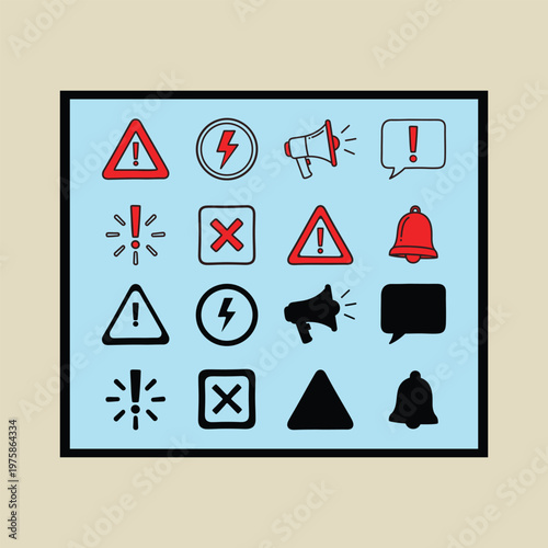 A collection of sixteen diverse alert and warning icons set in a simple grid on a light background Vector