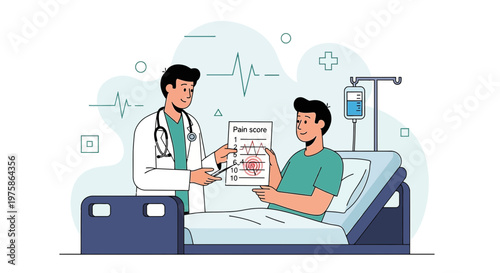 Doctor Explains Pain Scale to Patient in Hospital Bed with IV Drip