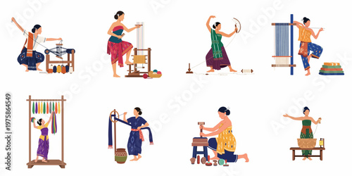 Illustrations of Southeast Asian Women Engaged in Traditional Textile Making Processes like Weaving, Spinning, and Dyeing