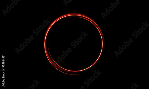 Neon ring with a bright red glow on a dark background. Futuristic abstract design illustrating movement, energy flow.