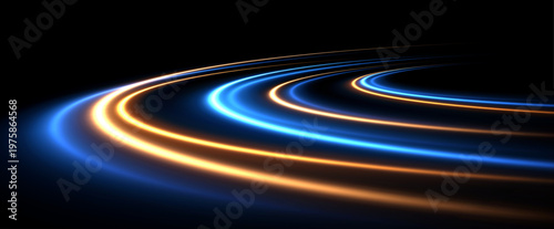 Abstract neon light trails on dark background with dynamic motion blur. Futuristic speed concept with glowing blue and orange lines, energy flow, and high-tech design.