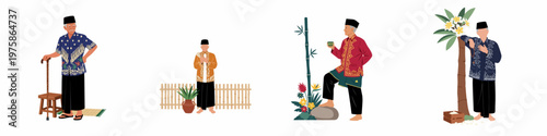 Collection of four illustrations depicting elderly Indonesian men in traditional batik attire, sarongs, and peci hats, representing various aspects of local culture.