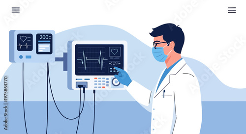 Doctor in Medical Mask and Gloves Adjusts Patient Monitor in Hospital Operating Room