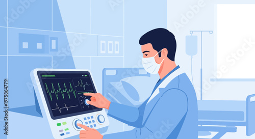 Doctor in Mask Adjusts Ventilator Monitor in Hospital Room