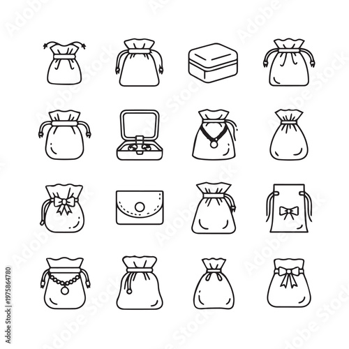 Collection of drawstring pouches and jewelry boxes with simple line art style