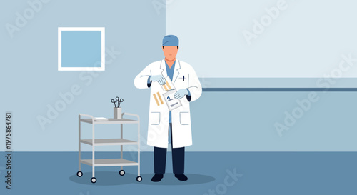 Doctor in Operating Room Preparing Medical Supplies for Surgery
