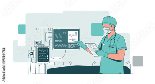 Doctor in medical uniform monitors patient vitals on screen in modern hospital room