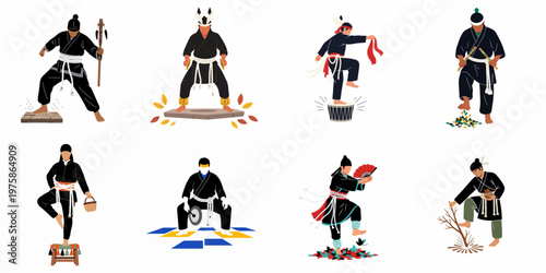 Collection of eight flat illustrations depicting men in traditional black clothing performing various martial arts, ceremonial dances, and cultural rituals with different props.