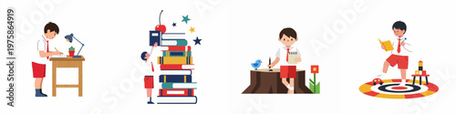 Set of flat vector illustrations featuring a schoolboy in uniform studying, reading, writing, and engaging in educational activities.
