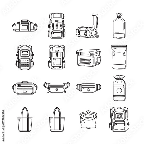 Collection of duffel bags backpacks and waist pouches in line art style on white background