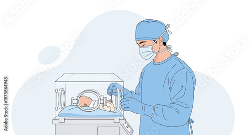 Doctor in surgical scrubs caring for newborn in incubator, medical procedure