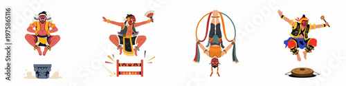 Set of traditional masked performers engaged in acrobatic and cultural dances, featuring red masks and vibrant ethnic costumes on a white background.