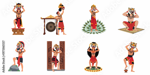 Set of traditional Indonesian Reog Ponorogo dancer illustrations featuring Singo Barong tiger masks, peacock feathers, and ritual elements in a flat vector style.