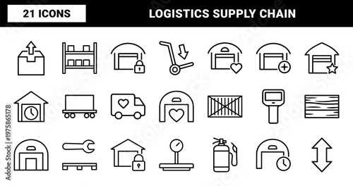 Warehouse logistics and industrial storage outline icon set