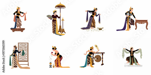 Collection of Indonesian Women in Traditional Javanese Dress Performing Cultural Activities and Traditional Dances, Flat Vector Illustration Set