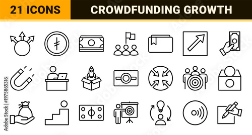 Minimalist crowdfunding and business investment line icon set