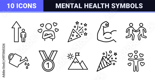 Positive thinking and mental wellness outline icons set