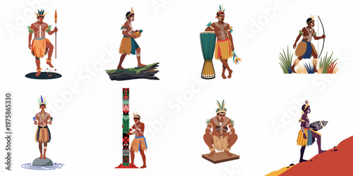 Collection of indigenous tribal characters in traditional costumes with body paint, performing activities like hunting, playing musical instruments, and ritual dances.