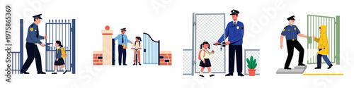 Set of illustrations showing security guards and officers opening gates for school children, ensuring safety and protection on white background.