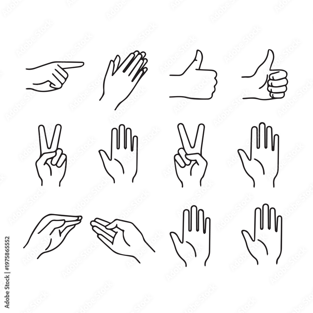 Fototapeta premium Collection of Hand Gestures Icons: Pointing Clapping Thumbs Up Peace Sign Open Palm Minimalist Line Art