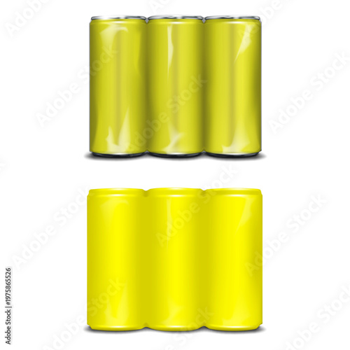 Blank aluminum can three in row multi-pack packaging. Easy editable vector mockup. Transparent and opaque color shrink film soda or beer package. Template. Multipack plastic sleeve drink wrap. Mock-up