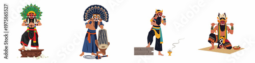 Vector illustration set of traditional Indonesian Reog Ponorogo mask dancers in various poses, featuring colorful costumes and peacock feather headdresses.