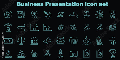 flat business presentation icon set with 40 editable vector symbols for corporate and startup use