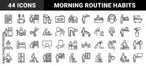 Daily routine and self care minimalist line icons