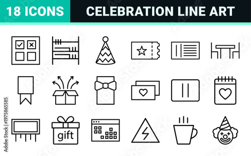 Minimalist event planning and celebration line icon set