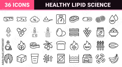 Dietary fats and nutrition line icons for healthy lifestyle and lipid science.
