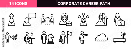 Business woman professional icon set in thin line style