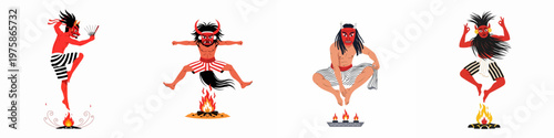 Set of four vector illustrations showing traditional masked dancers performing ritual jumps over fire, inspired by Japanese folklore and mythology.