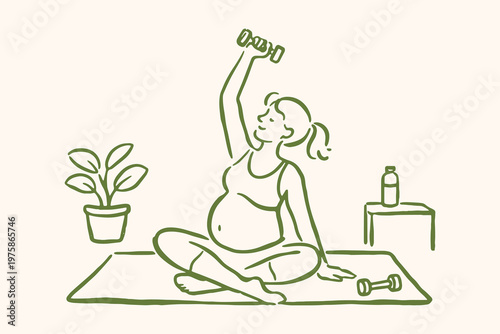 Pregnant woman exercising with dumbbell naive doodle vector illustration