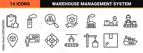 Global supply chain and warehouse logistics outline icons