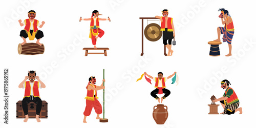 Collection of flat illustrations showing traditional Indonesian male performers in cultural costumes and masks performing various artistic and musical acts.