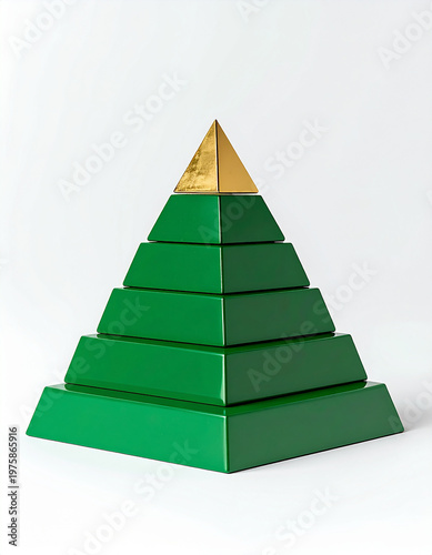 Green pyramid steps with gold top, infographic style, data visualization metaphor, clean white background, professional business design