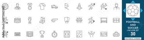 Football and soccer line icon set featuring match, goal, ball, stadium, player, championship, tournament, and score. Professional editable vector illustration.
