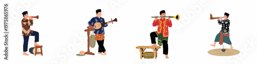Collection of four Indonesian musicians in traditional batik and peci playing various traditional musical instruments, flat illustration isolated on white.