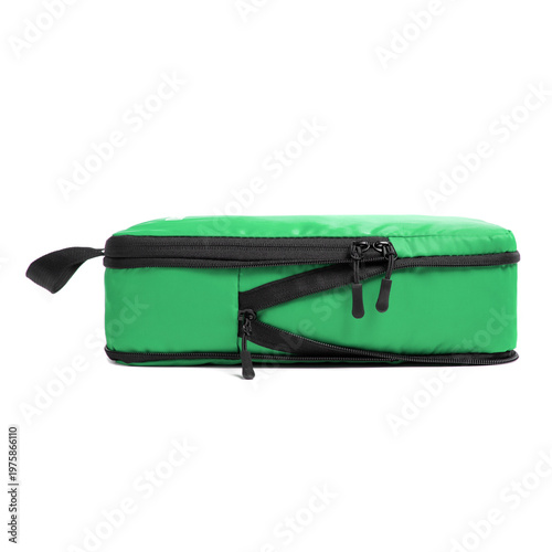 Bright Green Travel Shoe Bag with Dark Green Sneakers Inside Isolated on White Background