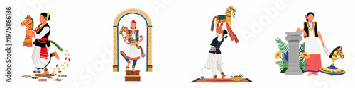 Illustrations of traditional Indian dancers performing folk dance with colorful horse props, celebrating heritage, culture, and ancient traditions in vibrant ethnic attire.