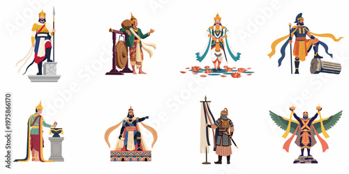 A collection of diverse historical and mythical kings, emperors, and warriors in traditional ceremonial attire, isolated on a white background.