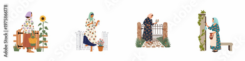 Collection of illustrations featuring rural women in traditional clothing engaged in daily activities near village gates, fences, and gardens.
