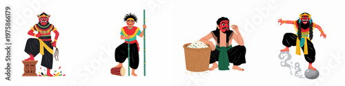 Collection of Indonesian traditional dancers and cultural characters wearing red masks and ethnic costumes, isolated on a white background.