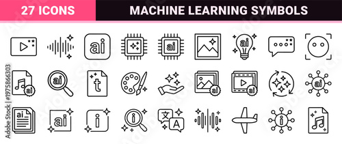 Generative ai and machine learning line icon set in minimalist style