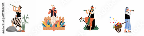 Vector illustration set of men in traditional Indonesian clothing playing the bamboo flute in different nature settings, isolated on white background.