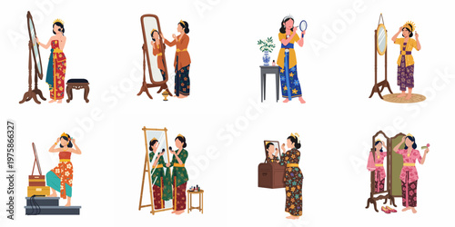 A set of illustrations depicting women in traditional Indonesian kebaya and sarong getting ready in front of mirrors, highlighting Southeast Asian cultural heritage.
