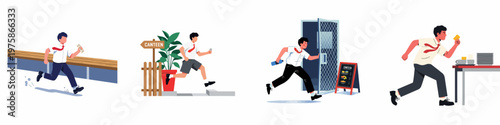 Set of illustrations showing a male student in school uniform running eagerly towards the canteen to buy lunch during his break.