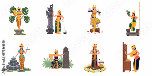 Set of illustrations depicting traditional Balinese dancers in various cultural settings, showcasing ornate costumes, rituals, and iconic Indonesian architectural elements.